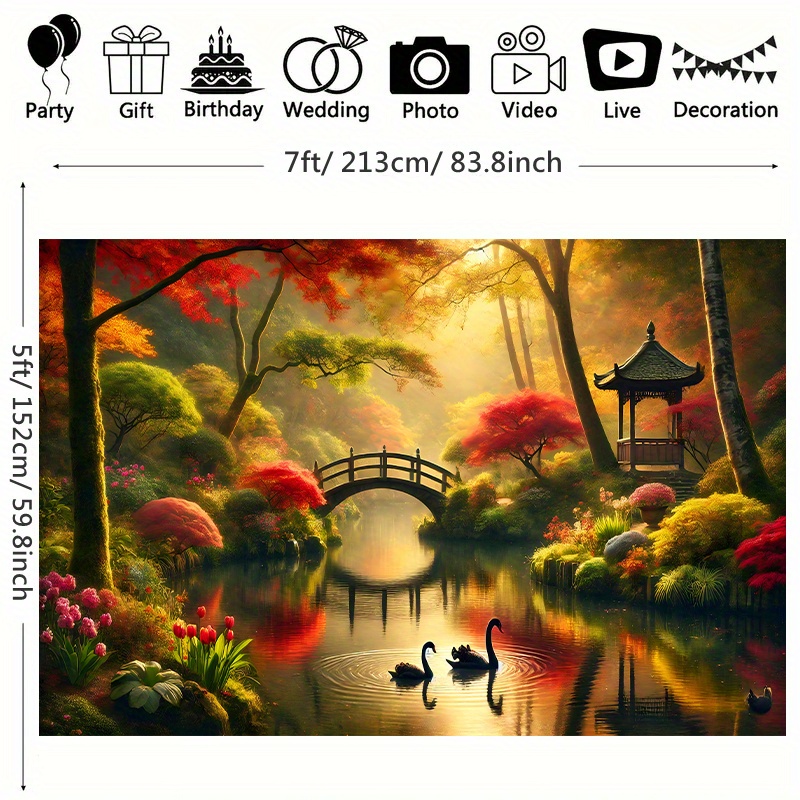 Autumn Garden Bridge Swans Wal - Interior Design Landscape ulasan dan harga